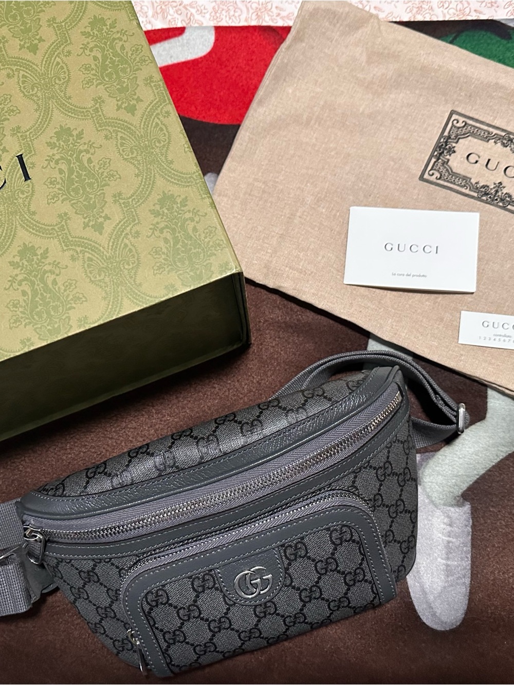 Gucci Gray GG Monogram Belt Bag with Dark Gray Trim